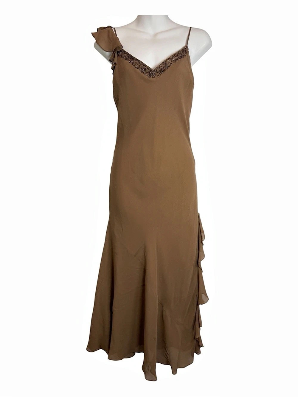 100% Silk Slip Dress Beaded Ruffle Hem Asymmetrical Fairy Brown Y2K Vintage Tan